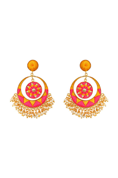 Matte Gold Finish Chandbali Earrings With Thread Embroidery