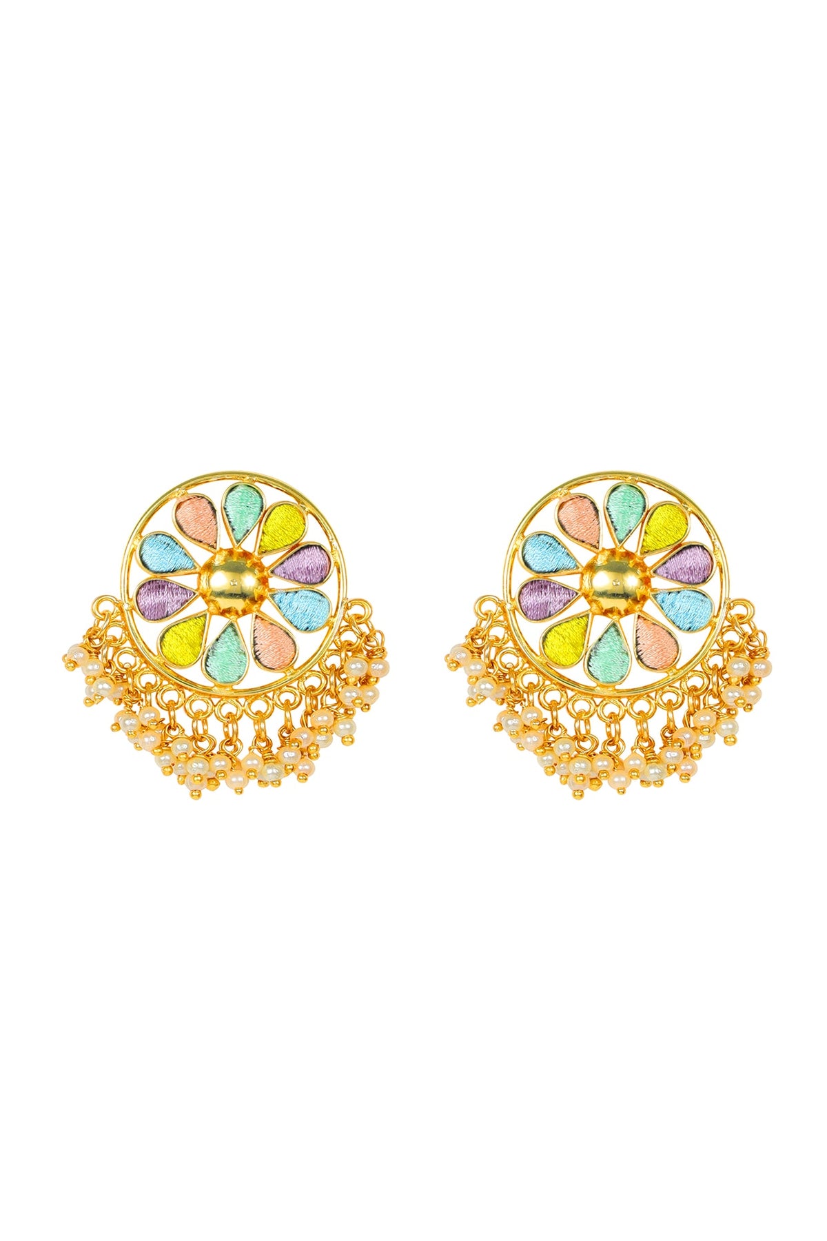Matte Gold Finish Stud Earrings With Embroidery