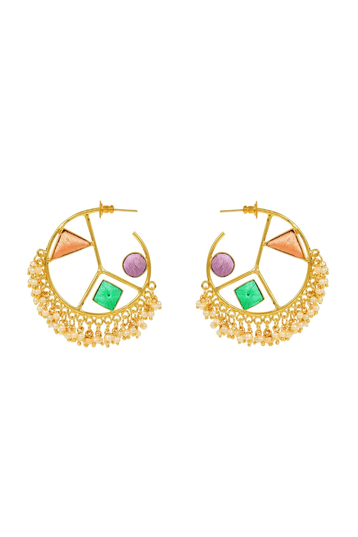 Matte Gold Finish Geometric Hoops Earrings With Embroidery