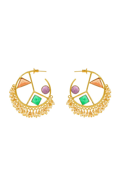 Matte Gold Finish Geometric Hoops Earrings With Embroidery