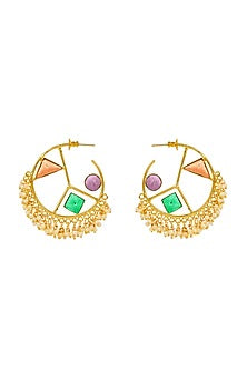 Matte Gold Finish Geometric Hoops Earrings With Embroidery
