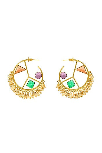 Matte Gold Finish Geometric Hoops Earrings With Embroidery