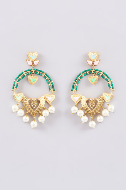 Gold Finish Multi-Colored Bead & Crystal Enameled Dangler Earrings
