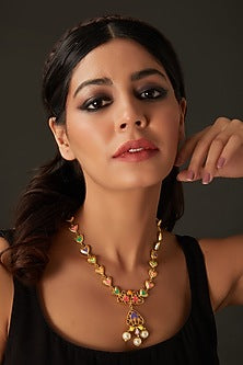 Gold Finish Multi-Colored Enameled Heart & Crystal Long Necklace