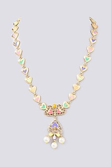 Gold Finish Multi-Colored Enameled Heart & Crystal Long Necklace