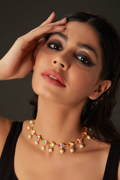 Gold Finish Multi-Colored Enameled Heart & Crystal Choker Necklace