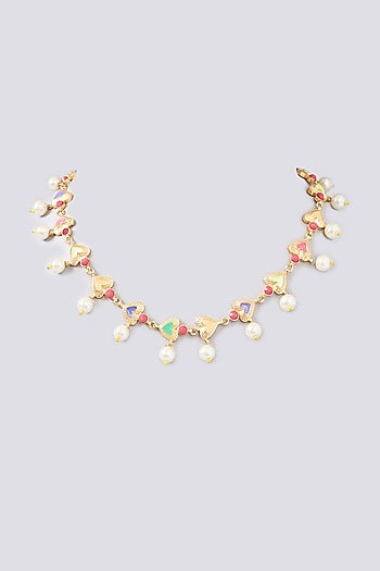 Gold Finish Multi-Colored Enameled Heart & Crystal Choker Necklace