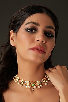 Gold Finish Multi-Colored Enameled Heart & Crystal Choker Necklace