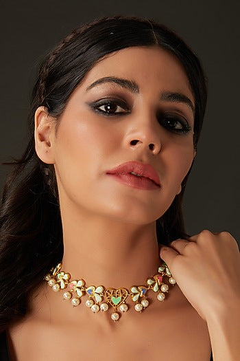 Gold Finish Multi-Colored Enameled Heart & Crystal Choker Necklace