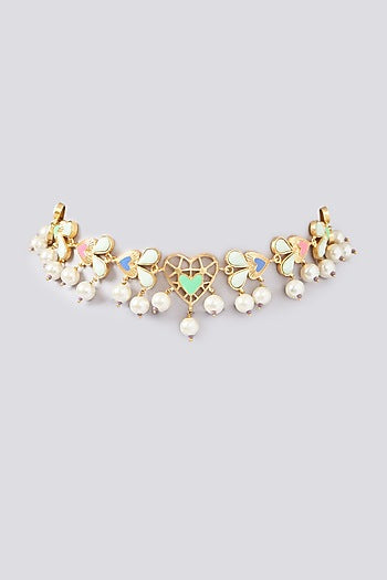 Gold Finish Multi-Colored Enameled Heart & Crystal Choker Necklace
