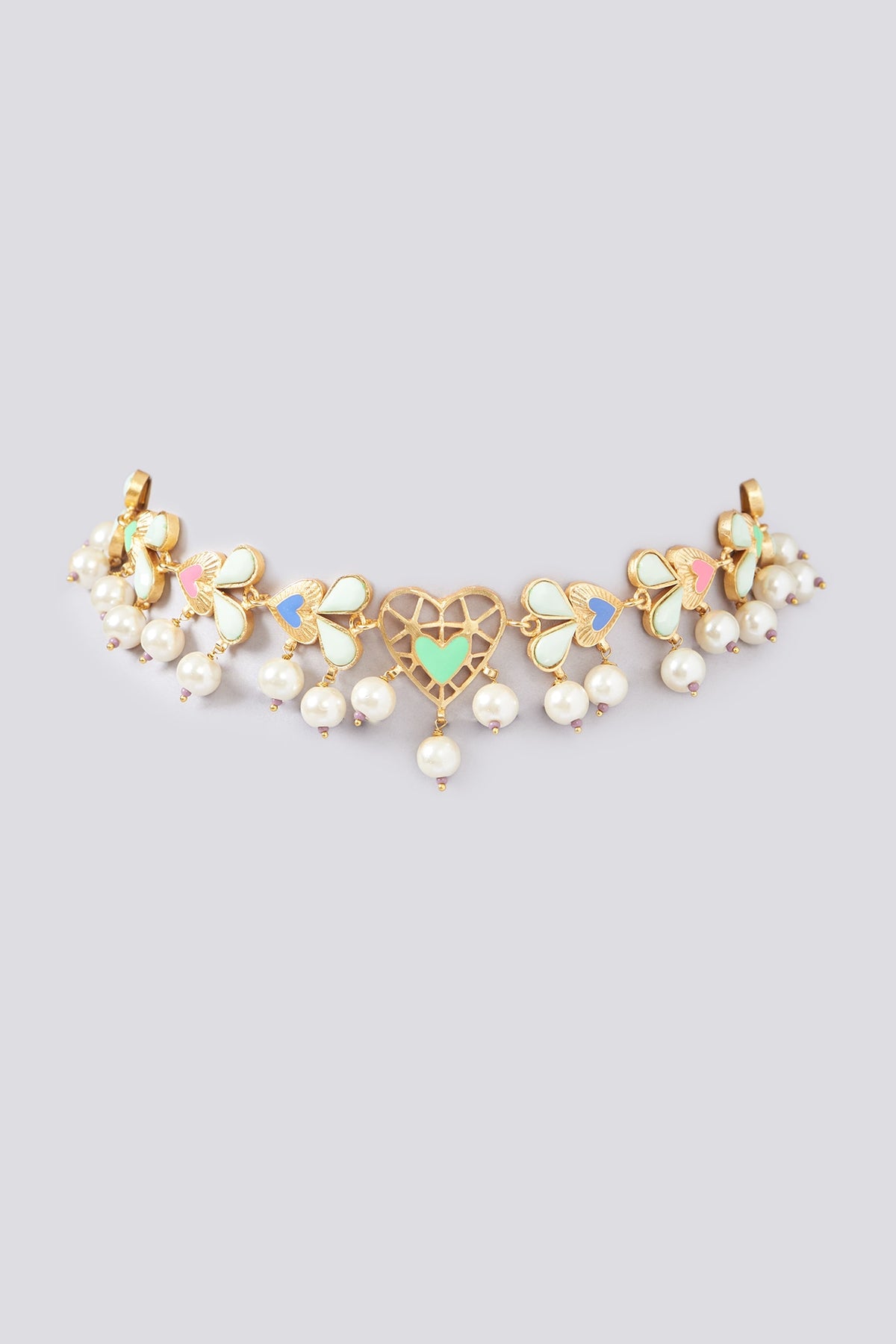 Gold Finish Multi-Colored Enameled Heart & Crystal Choker Necklace