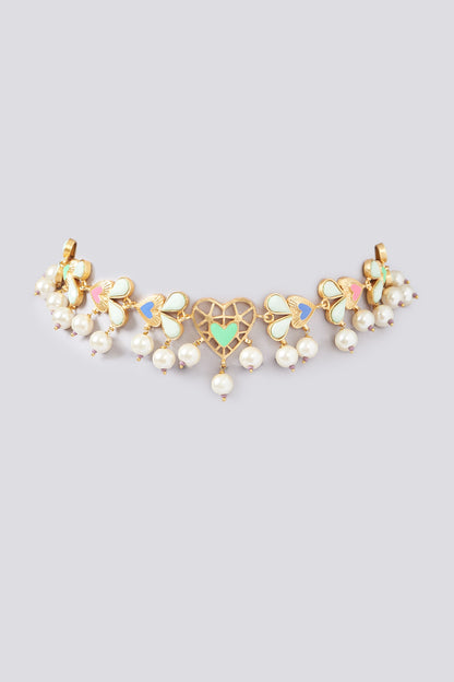 Gold Finish Multi-Colored Enameled Heart & Crystal Choker Necklace