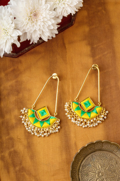 Matte Gold Finish Zari Embroidered & Pearl Chandbali Earrings