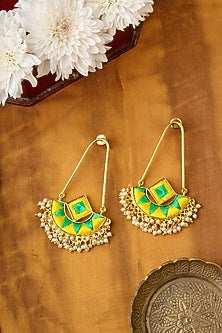 Matte Gold Finish Zari Embroidered & Pearl Chandbali Earrings