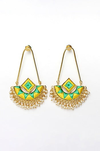 Matte Gold Finish Zari Embroidered & Pearl Chandbali Earrings