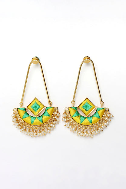 Matte Gold Finish Zari Embroidered & Pearl Chandbali Earrings