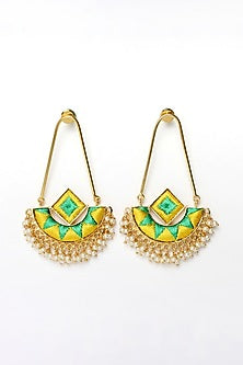 Matte Gold Finish Zari Embroidered & Pearl Chandbali Earrings