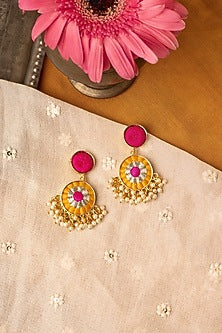 Matte Gold Finish Zari Embroidered & Pearl Dangler Earrings