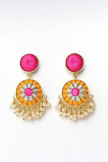 Matte Gold Finish Zari Embroidered & Pearl Dangler Earrings