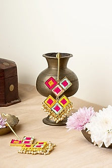 Matte Gold Finish Multi-Colored Embroidered & Pearl Dangler Earrings