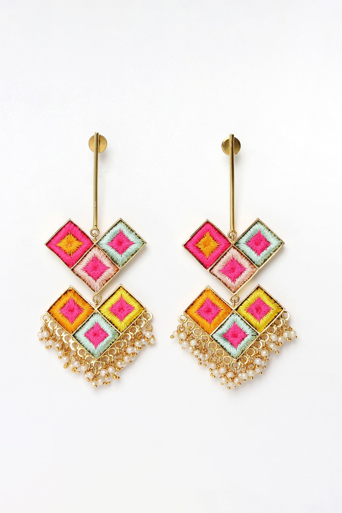 Matte Gold Finish Multi-Colored Embroidered & Pearl Dangler Earrings