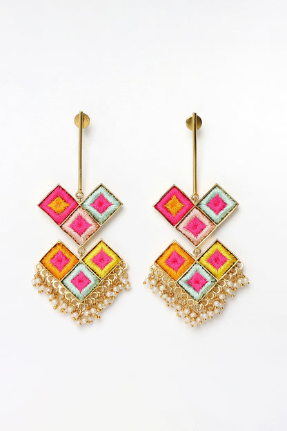 Matte Gold Finish Multi-Colored Embroidered & Pearl Dangler Earrings