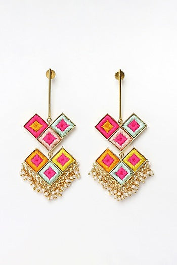 Matte Gold Finish Multi-Colored Embroidered & Pearl Dangler Earrings