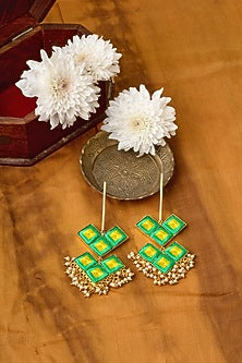 Matte Gold Finish Zari Embroidered & Pearl Dangler Earrings