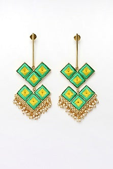 Matte Gold Finish Zari Embroidered & Pearl Dangler Earrings