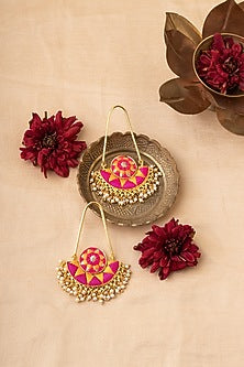 Matte Gold Finish Zari Embroidered & Pearl Dangler Earrings