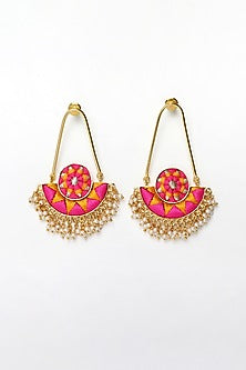 Matte Gold Finish Zari Embroidered & Pearl Dangler Earrings