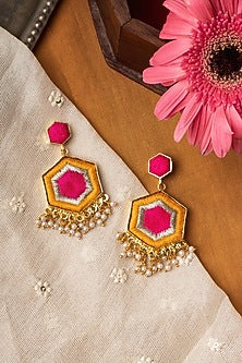 Matte Gold Finish Zari Embroidered & Pearl Hexagonal Dangler Earrings