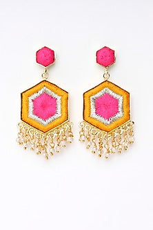 Matte Gold Finish Zari Embroidered & Pearl Hexagonal Dangler Earrings