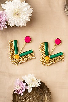 Matte Gold Finish Multi-Colored Embroidered & Pearl Geometrical Dangler Earrings