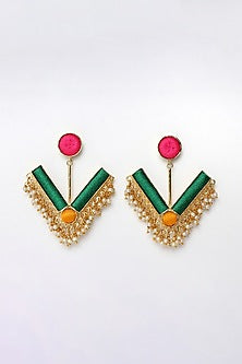 Matte Gold Finish Multi-Colored Embroidered & Pearl Geometrical Dangler Earrings