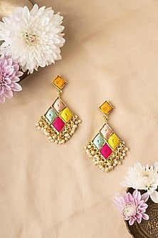 Matte Gold Finish Multi-Colored Embroidered & Pearl Dangler Earrings