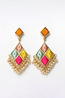 Matte Gold Finish Multi-Colored Embroidered & Pearl Dangler Earrings