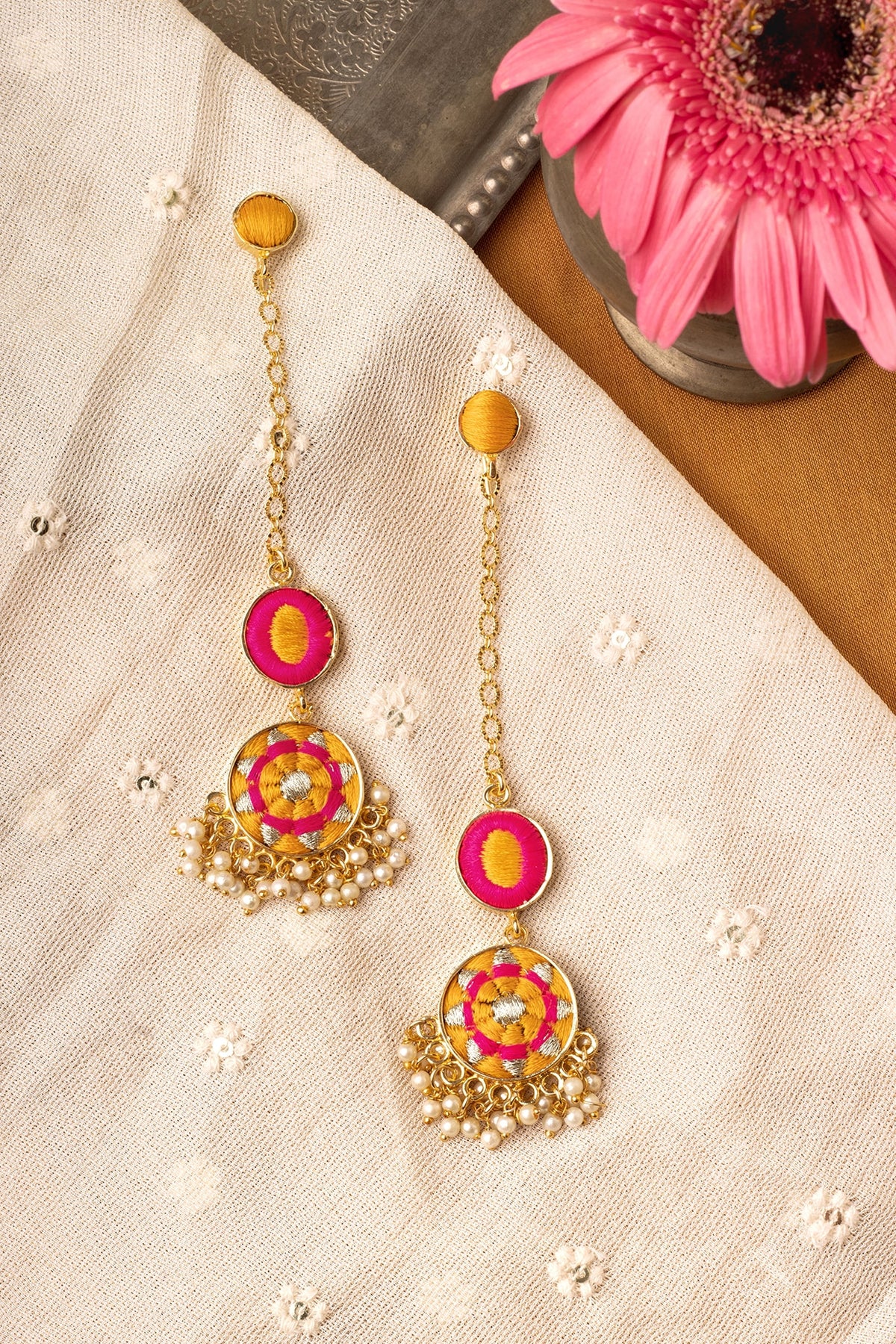 Matte Gold Finish Zari Embroidered & Pearl Tiered Dangler Earrings