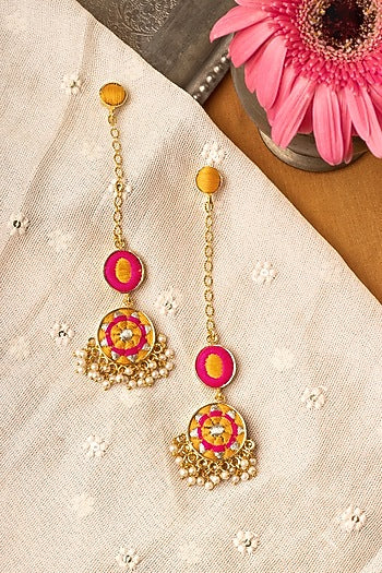 Matte Gold Finish Zari Embroidered & Pearl Tiered Dangler Earrings