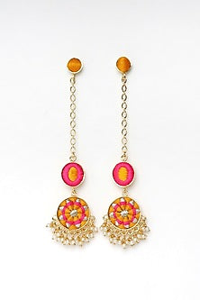 Matte Gold Finish Zari Embroidered & Pearl Tiered Dangler Earrings