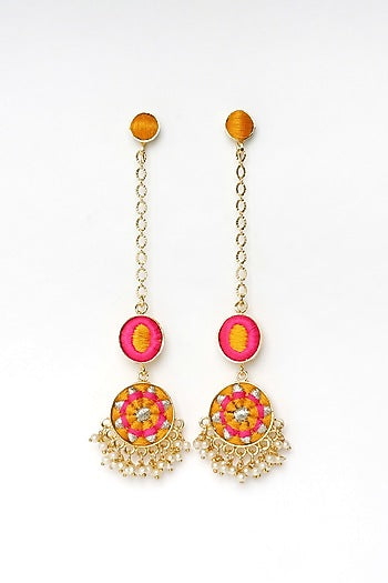 Matte Gold Finish Zari Embroidered & Pearl Tiered Dangler Earrings
