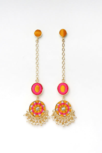 Matte Gold Finish Zari Embroidered & Pearl Tiered Dangler Earrings