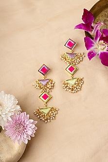 Matte Gold Finish Multi-Colored Embroidered & Pearl Dangler Earrings