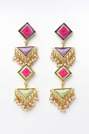 Matte Gold Finish Multi-Colored Embroidered & Pearl Dangler Earrings