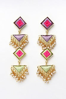 Matte Gold Finish Multi-Colored Embroidered & Pearl Dangler Earrings