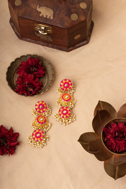 Matte Gold Finish Zari Embroidered & Pearl Tiered Dangler Earrings