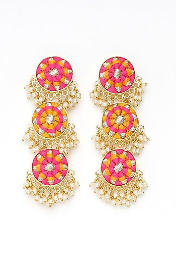 Matte Gold Finish Zari Embroidered & Pearl Tiered Dangler Earrings