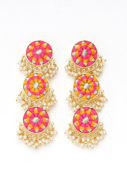 Matte Gold Finish Zari Embroidered & Pearl Tiered Dangler Earrings