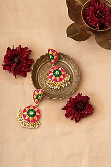 Matte Gold Finish Zari Embroidered & Pearl Tiered Crescent Dangler Earrings