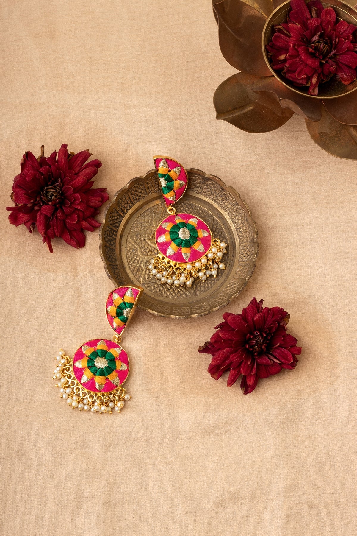 Matte Gold Finish Zari Embroidered & Pearl Tiered Crescent Dangler Earrings